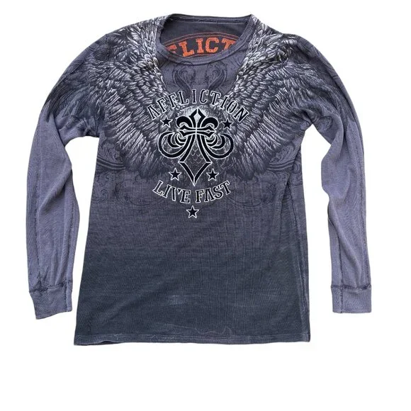 Affliction Reversible Snake Skull Wings Thermal Shirt Distressed